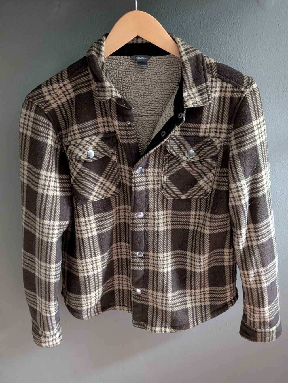 Eddie Bauer Kids 14/16 Brown Plaid Fall Sherpa Lined Fleece Shacket